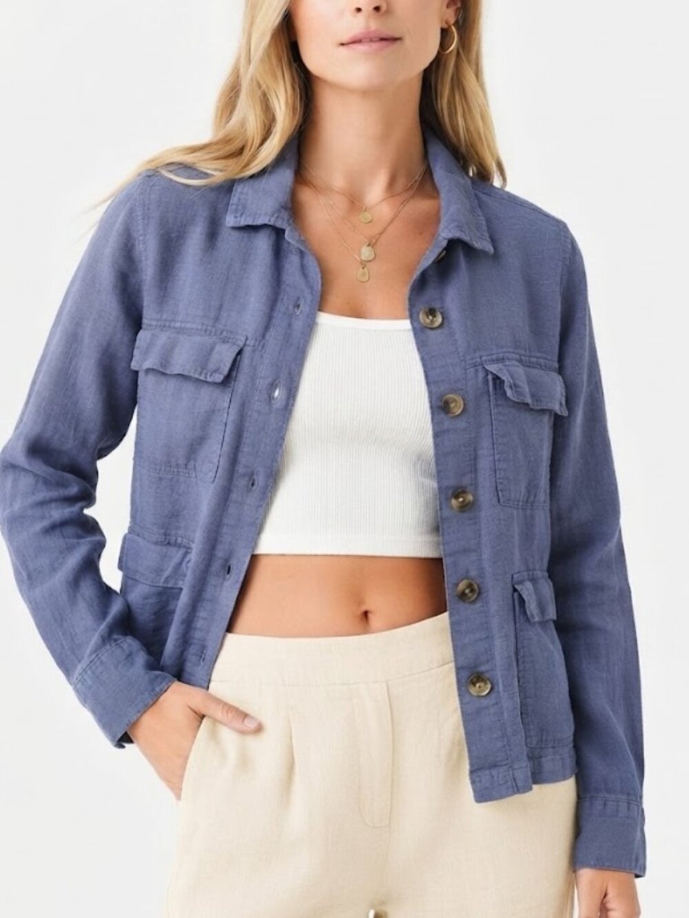 Nicole Miller New York Linen Blend Utility Jacket Slate Blue Size L